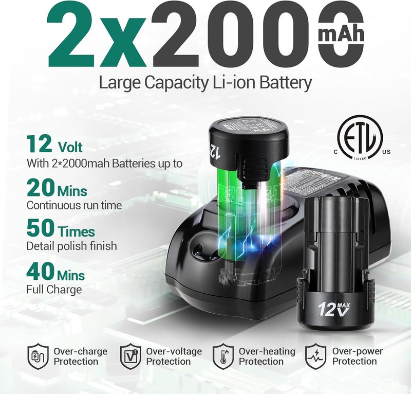 DCA 12V Cordless Buffer Polisher, 3" Brushless Mini Car Polisher & 2" Sander Machine Kit with 2x 2.0Ah Batteries, 2 Variable Speed 2800-8300RPM for Car Detailing Polishing/Buffing/Sanding/Waxing - Image 5